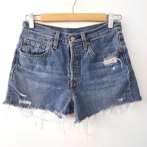 Levis 501 S Jean Shorts Custom Cutoffs Medium Wash Button Fly Distressed Size 27